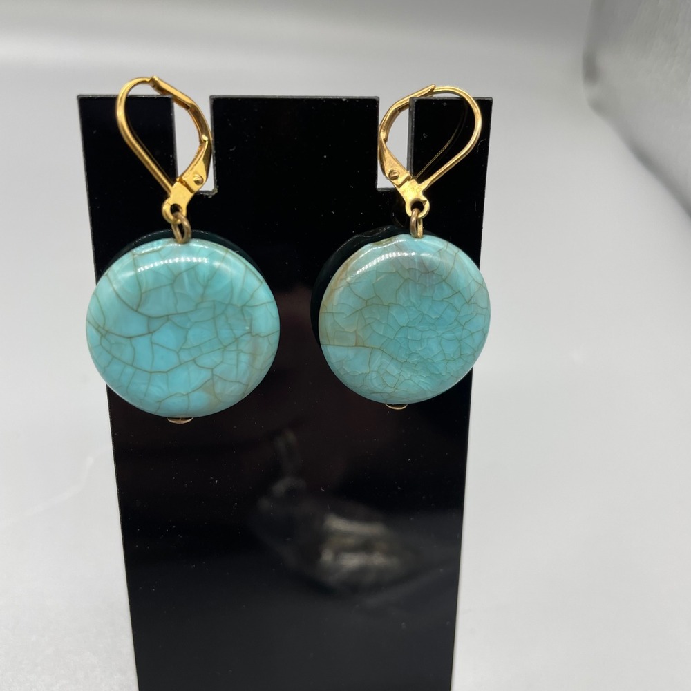 Turquoise Crackle Stone Round Drop Earrings Gold Tone Lever‎ Back Boho Dangle